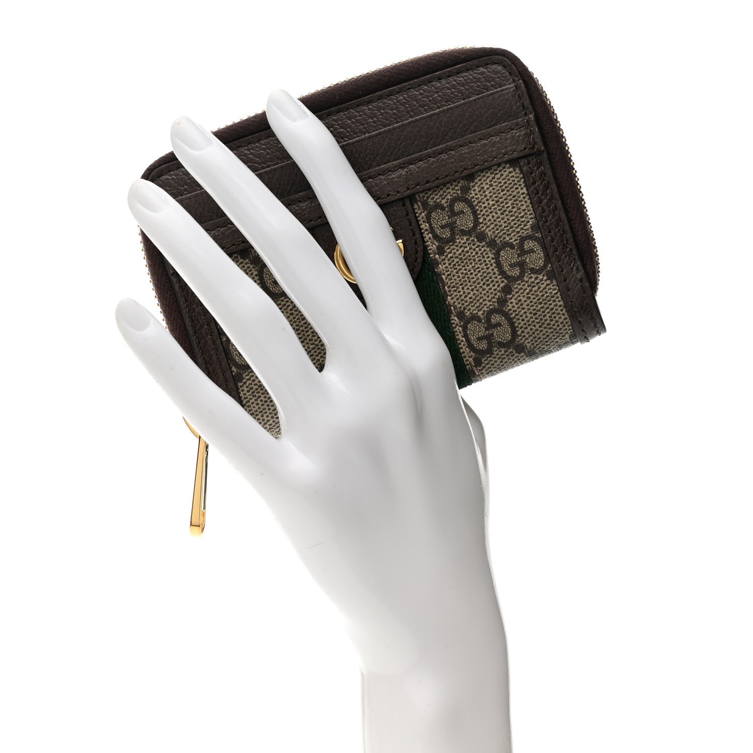 Gucci GG Supreme Monogram Textured Dollar Calfskin Web Ophidia Zip Around Card Case Wallet Beige Ebony New Acero 2 of 10