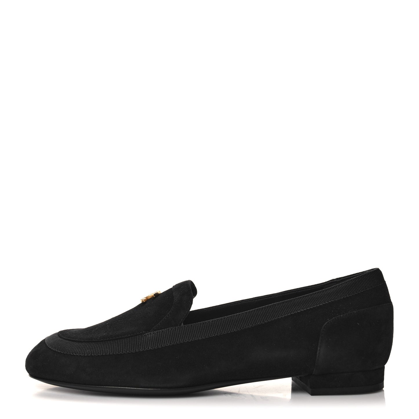 Kid Suede CC Grosgrain Moccasin Loafers 37.5 Black