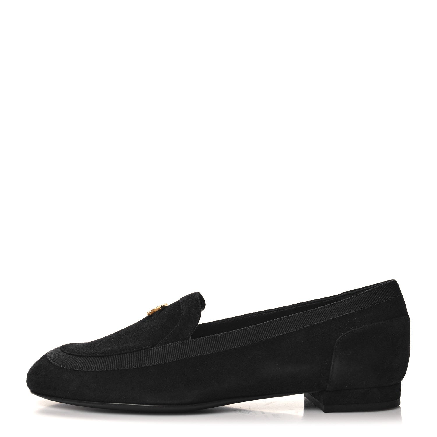 Chanel Kid Suede CC Grosgrain Moccasin Loafers 37.5 Black 1 of 9