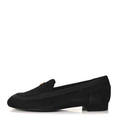 Chanel Kid Suede CC Grosgrain Moccasin Loafers 37.5 Black 1 of 9