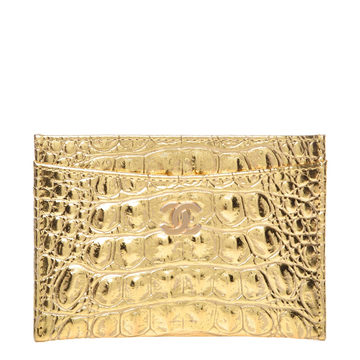 Metallic Calfskin Crocodile Embossed Cocodile Card Holder Gold