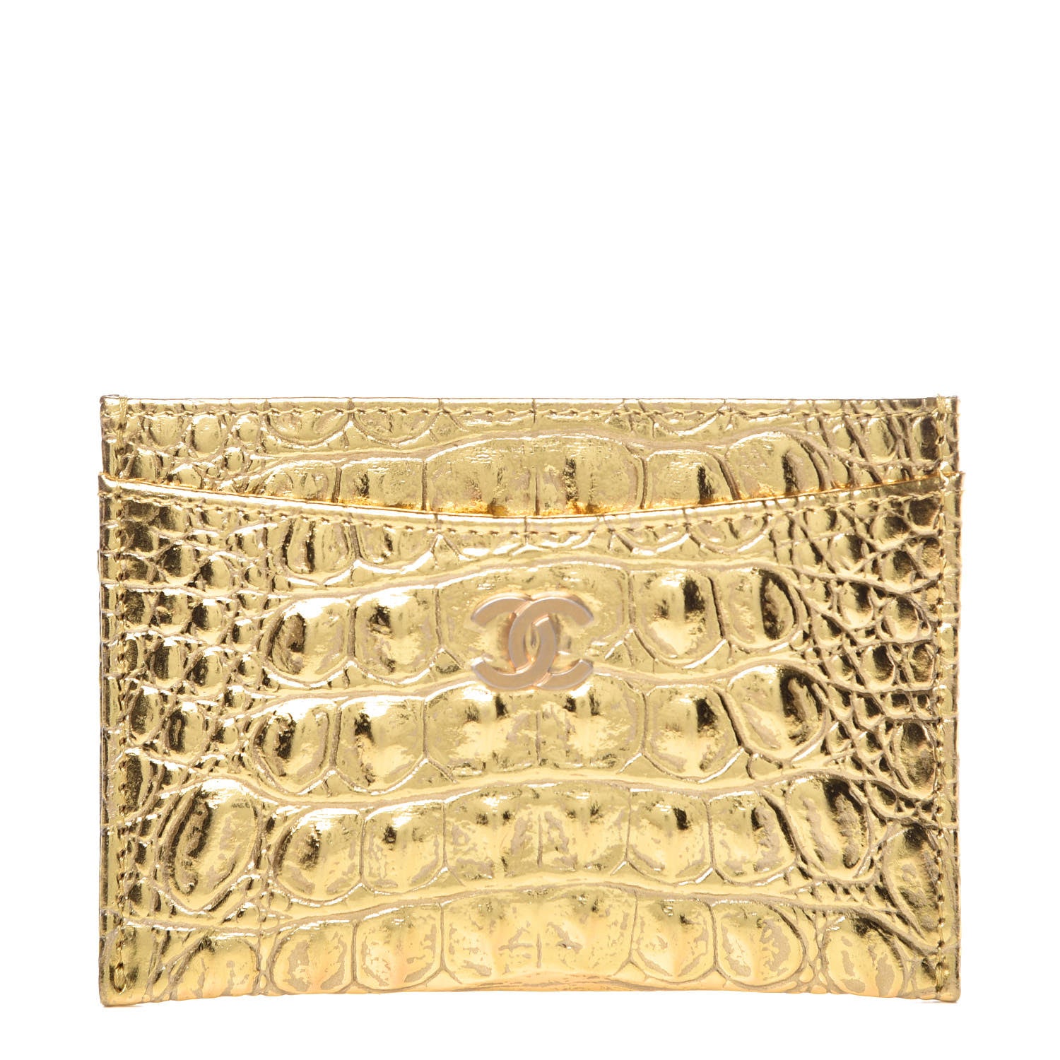 Chanel Metallic Calfskin Crocodile Embossed Cocodile Card Holder Gold 1 of 9