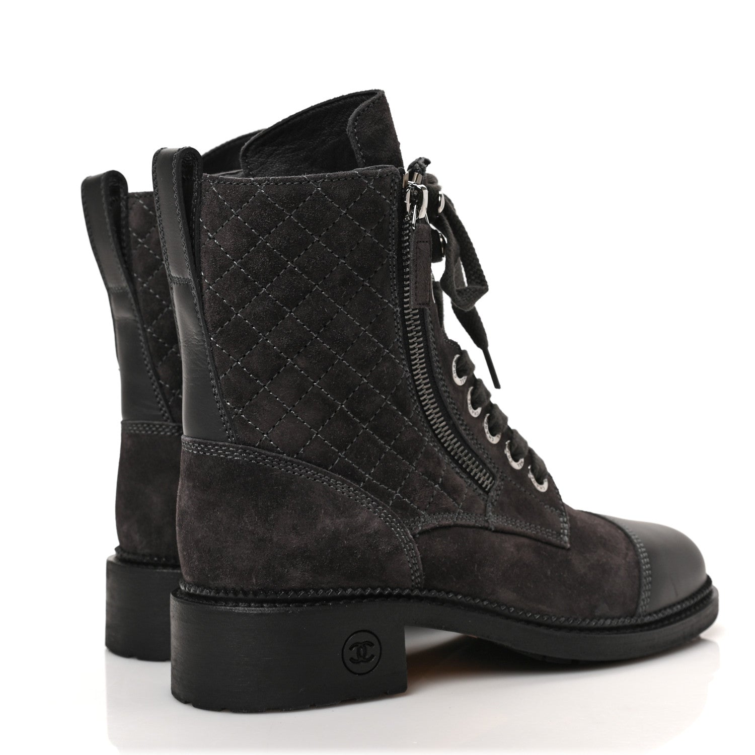 Chanel Suede Calfskin Quilted Lace Up Boots 36.5 Grey 4 of 6