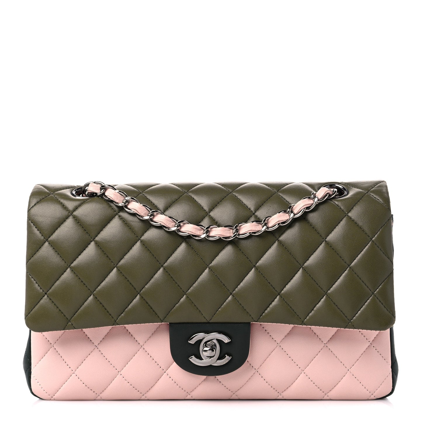 Lambskin Quilted Tri-Color Medium Double Flap Green Pink