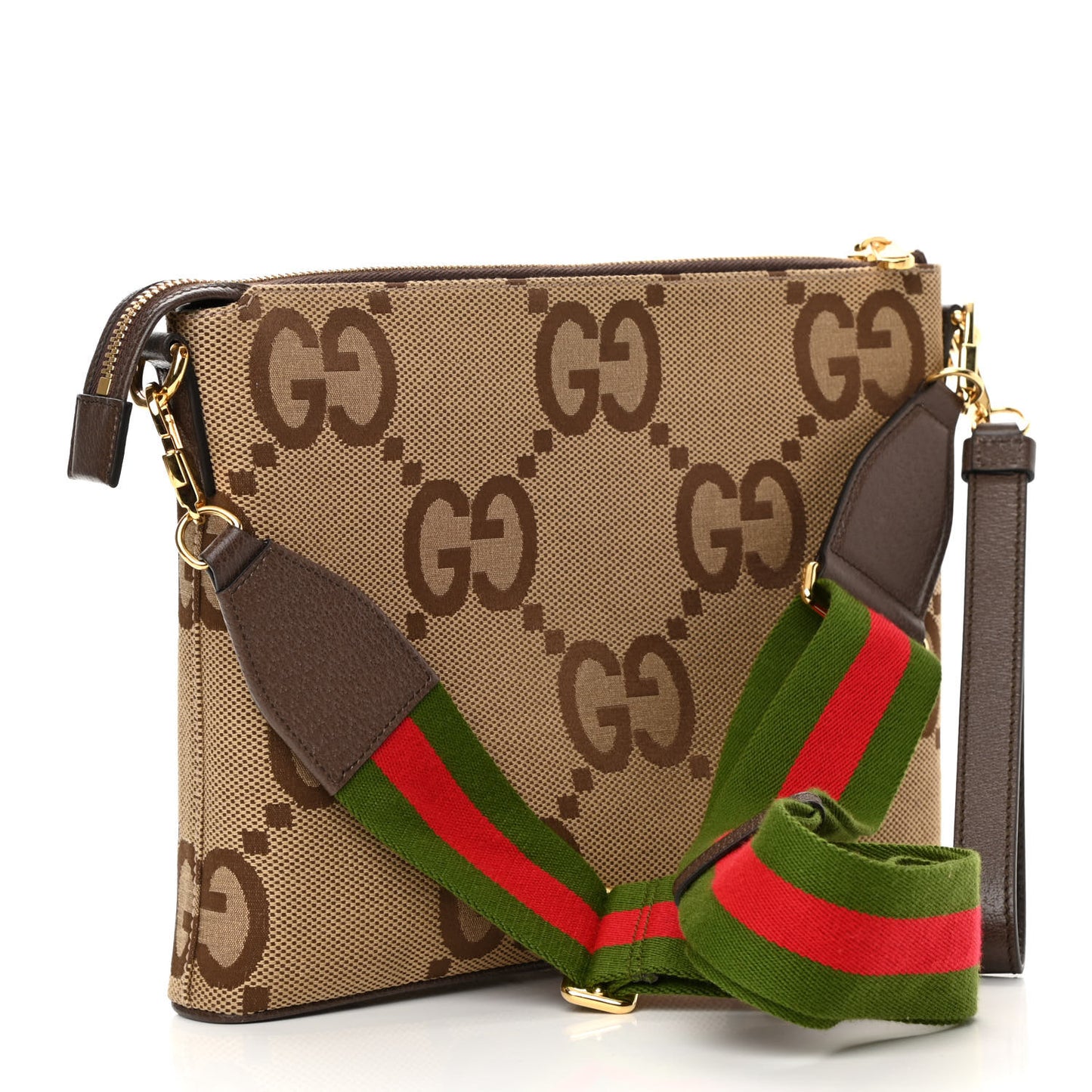 Monogram Jumbo GG Textured Dollar Calfskin Web Wristlet Messenger Bag Camel Ebony New Acero