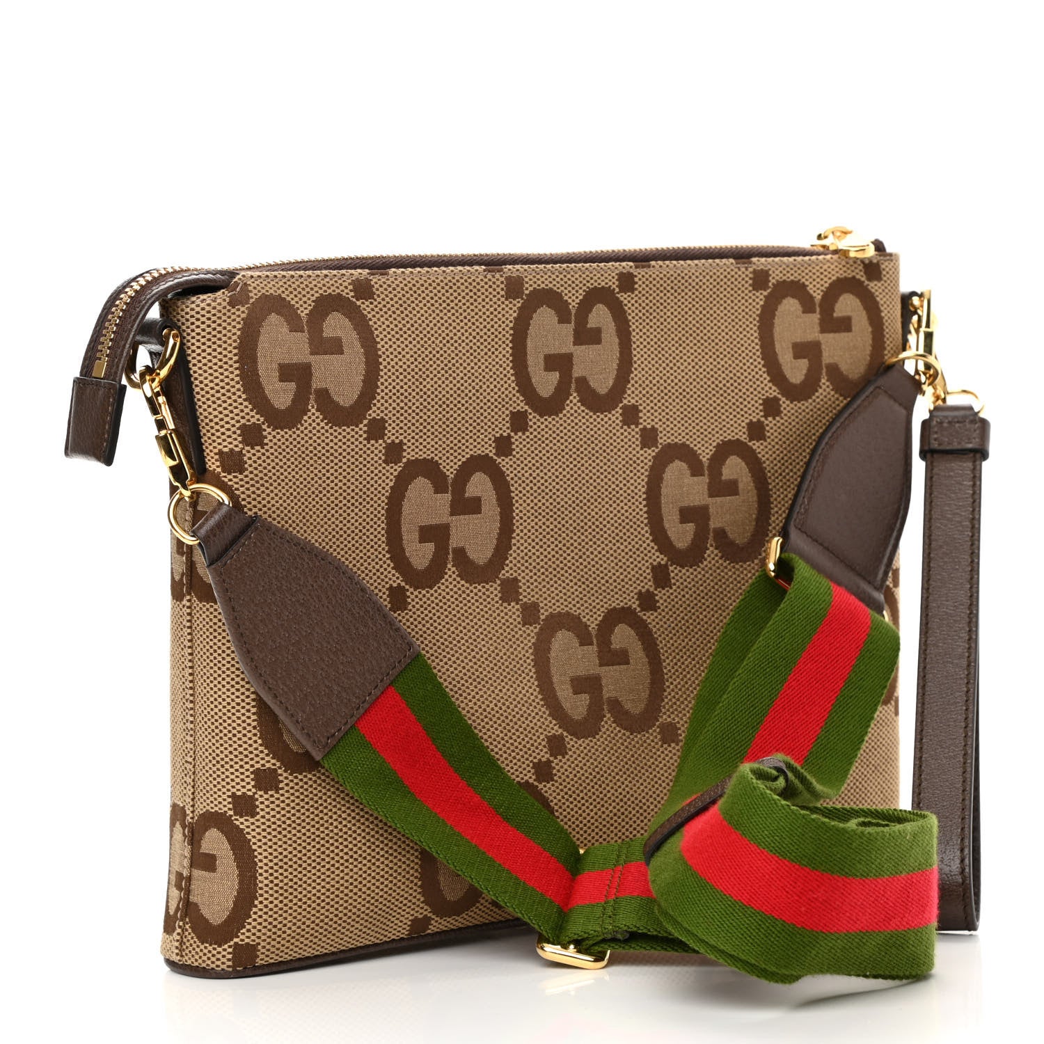 Gucci Monogram Jumbo GG Textured Dollar Calfskin Web Wristlet Messenger Bag Camel Ebony New Acero 3 of 12