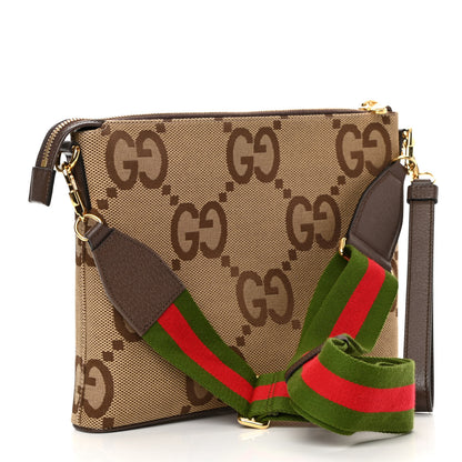 Gucci Monogram Jumbo GG Textured Dollar Calfskin Web Wristlet Messenger Bag Camel Ebony New Acero 3 of 12