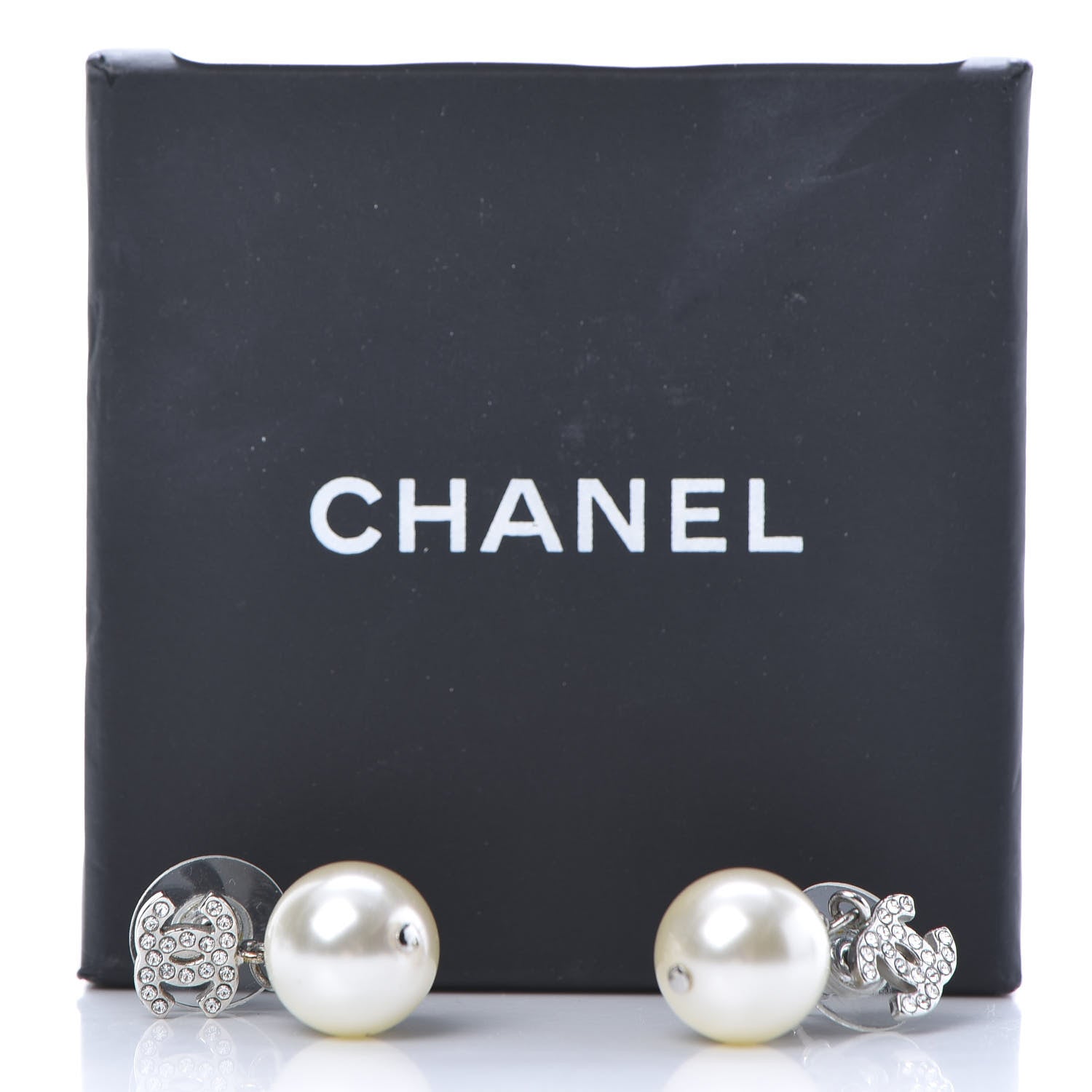 Chanel Crystal Pearl CC Drop Earrings Silver Pearly White 5 of 5