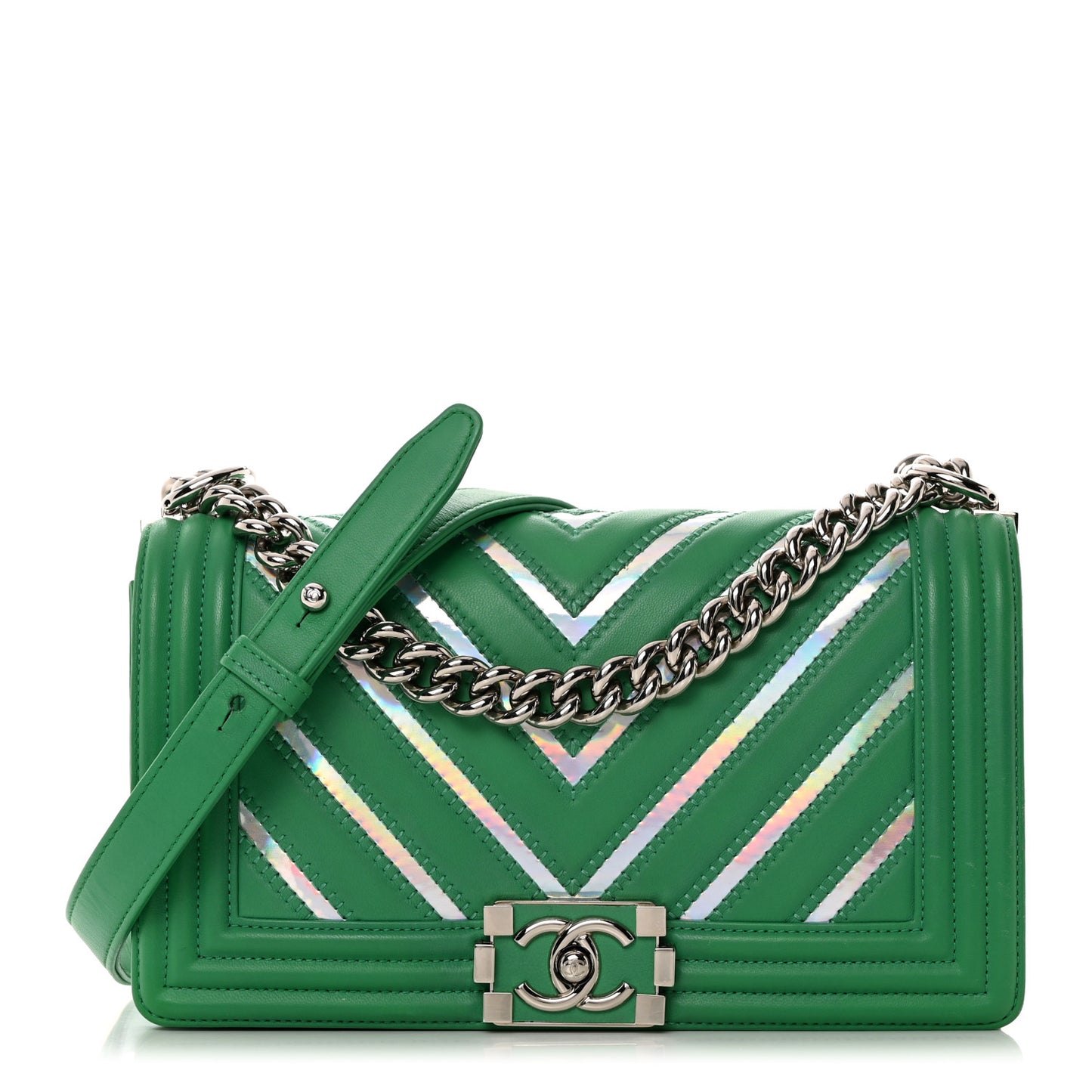 Lambskin Iridescent PVC Chevron Quilted Medium Boy Flap Green Silver
