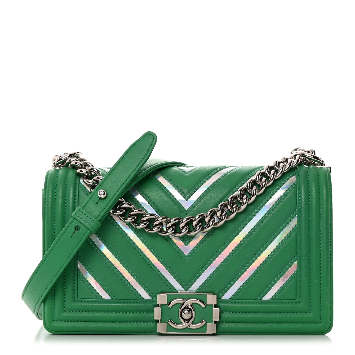 Chanel Lambskin Iridescent PVC Chevron Quilted Medium Boy Flap Green Silver 1 of 16