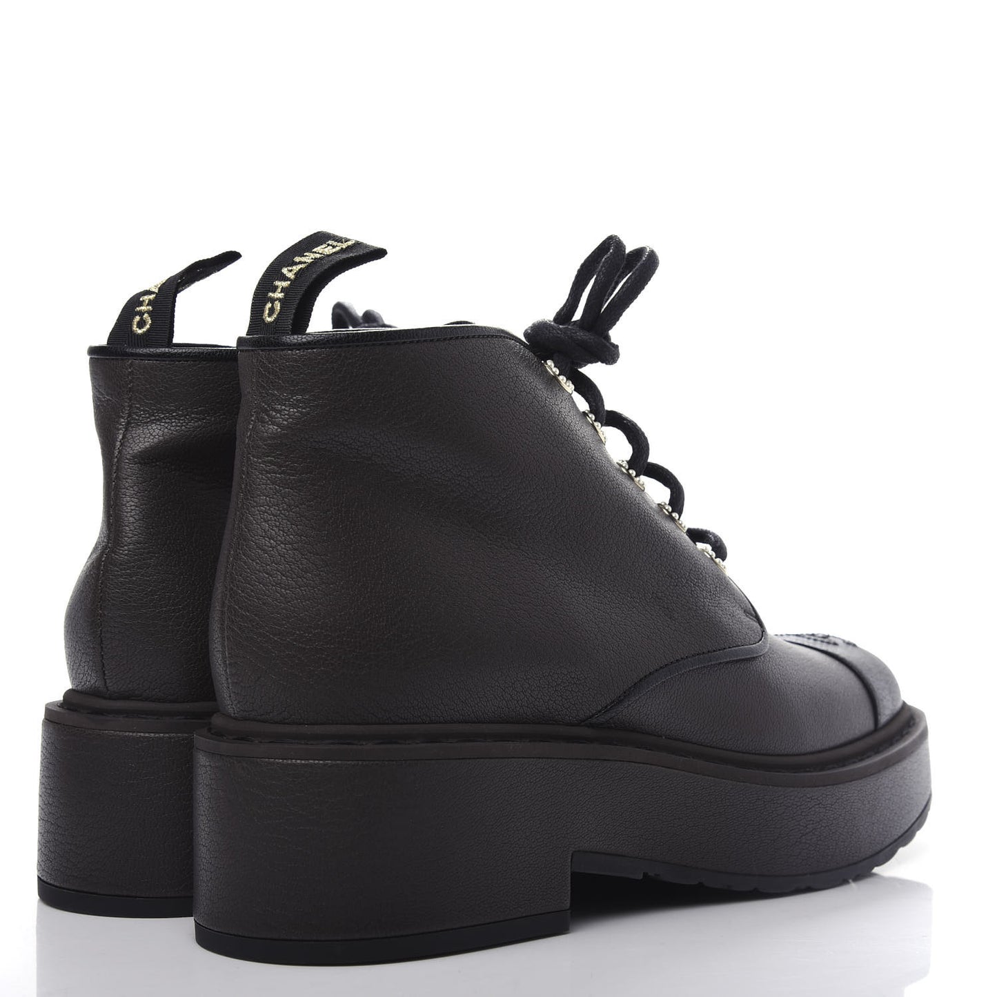 Goatskin Pearl Lace Up CC Short Boots 40 Brown Black