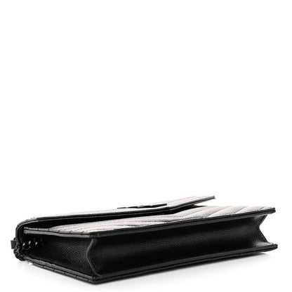 Saint Laurent SAINT LAURENT Grain De Poudre Matelasse Chevron Monogram Monochrome Envelope Chain Wallet Black 4 of 11