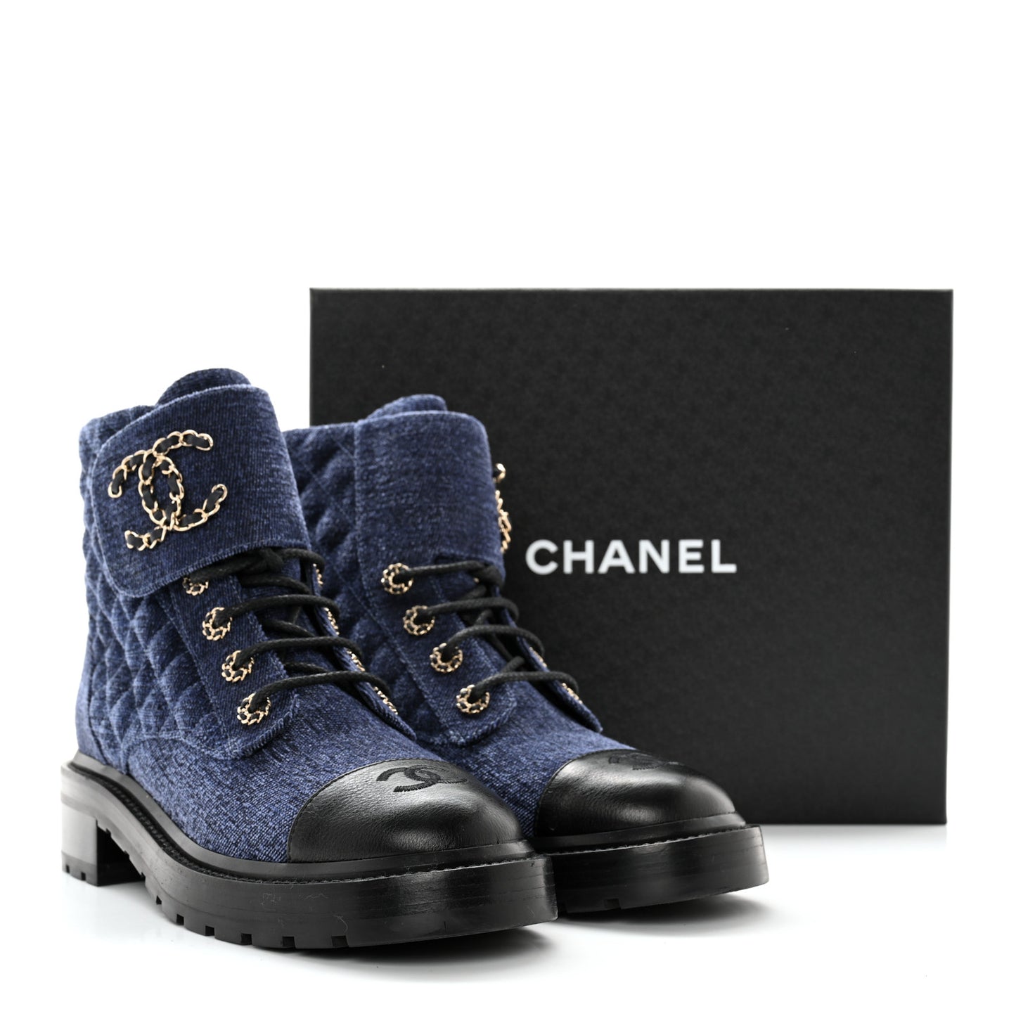 Denim Calfskin Quilted Lace Up Combat Boots 39.5 Blue