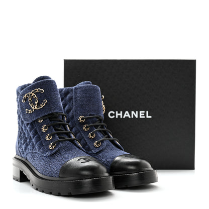 Chanel Denim Calfskin Quilted Lace Up Combat Boots 39.5 Blue 10 of 10