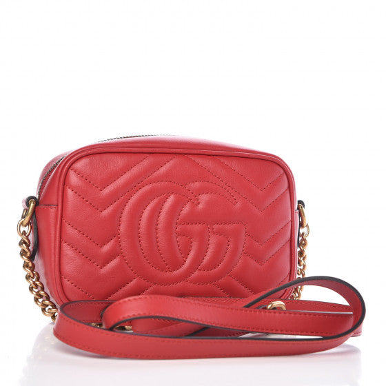Calfskin Matelasse Mini GG Marmont Chain Shoulder Bag Hibiscus Red