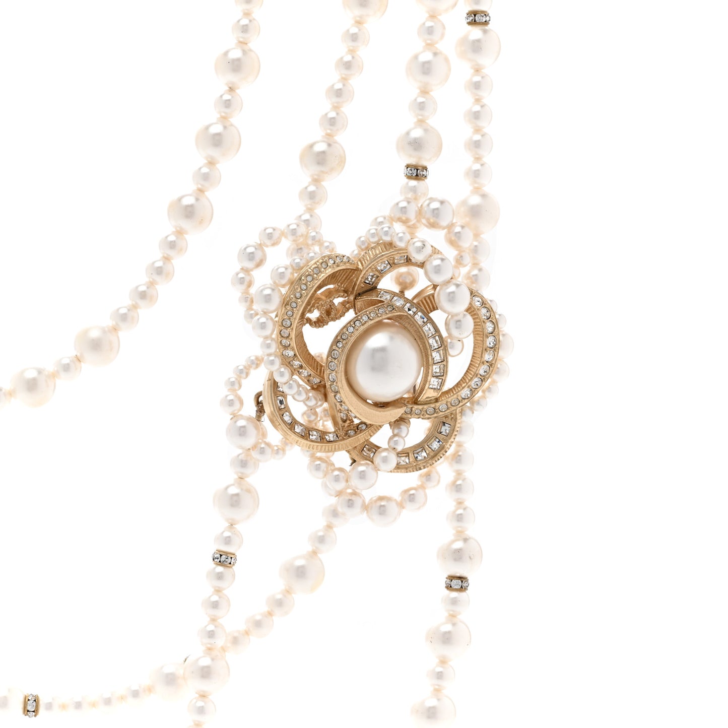 Pearl Crystal CC Camellia Multi Strand Necklace Gold White