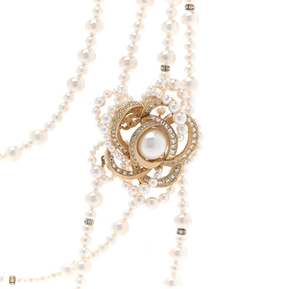 Chanel Pearl Crystal CC Camellia Multi Strand Necklace Gold White 4 of 6