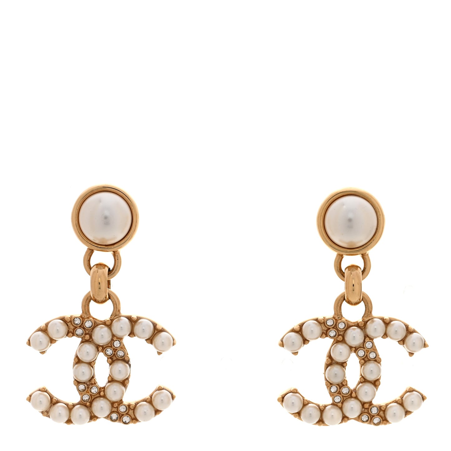 Pearl Crystal CC Drop Earrings Gold