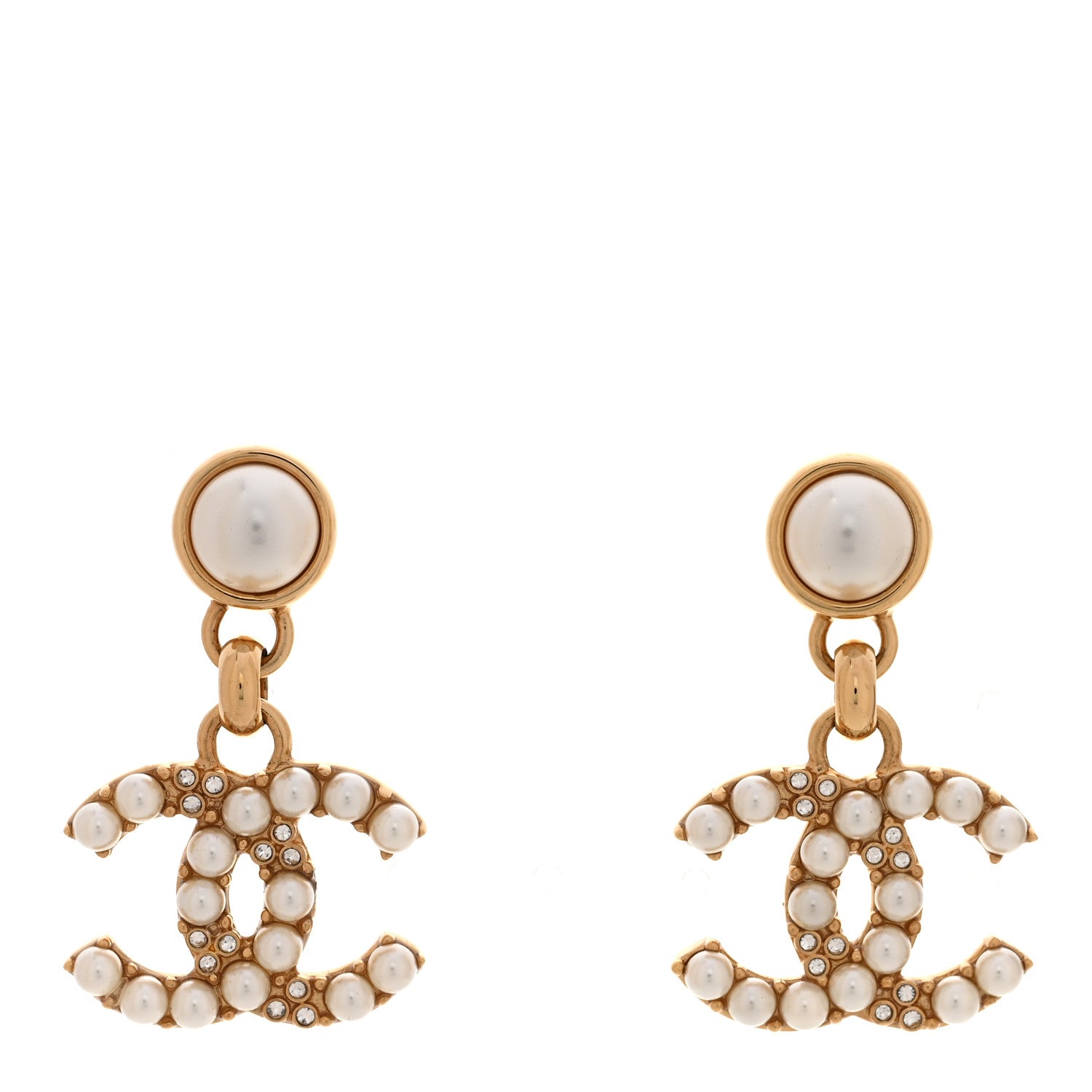 Chanel Pearl Crystal CC Drop Earrings Gold 1 of 6