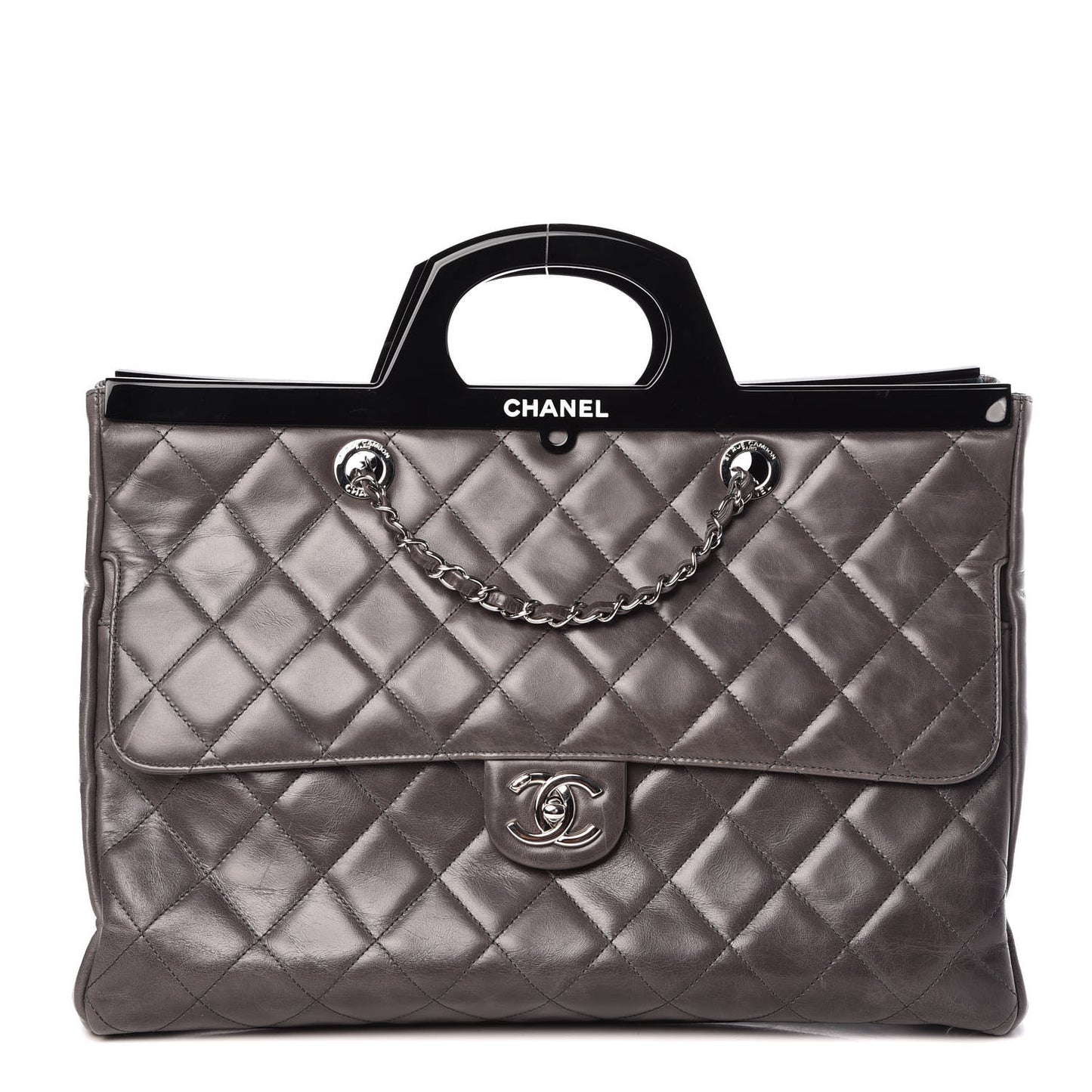 Glazed Calfskin Quilted Large CC Delivery Tote Grey