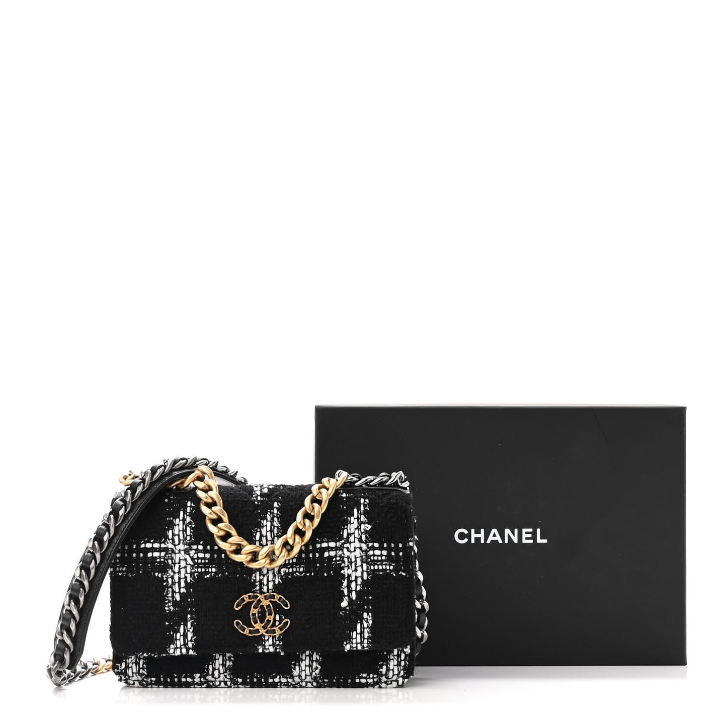 Tweed Quilted Chanel 19 Wallet On Chain WOC Black White