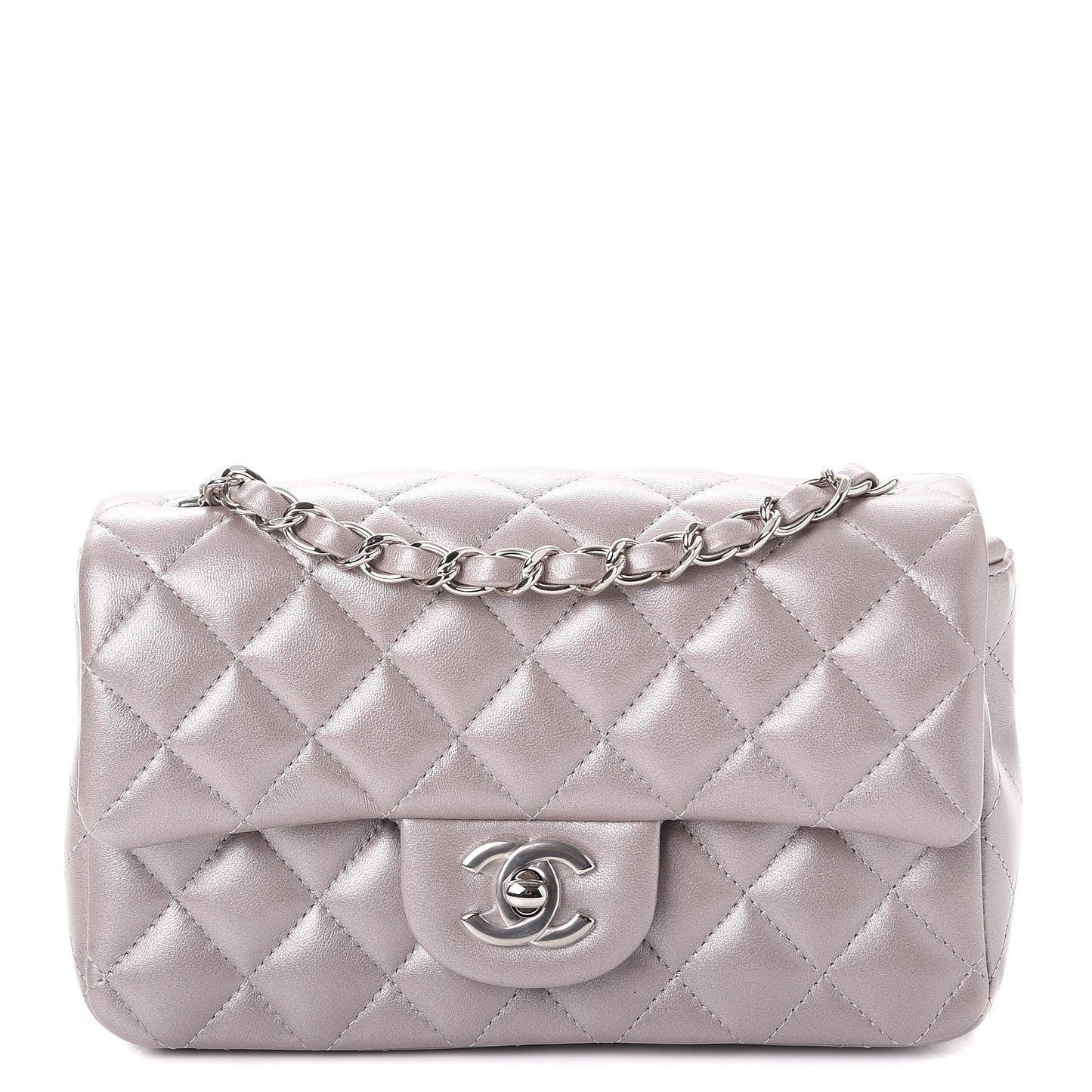 Metallic Lambskin Quilted Mini Rectangular Flap Silver