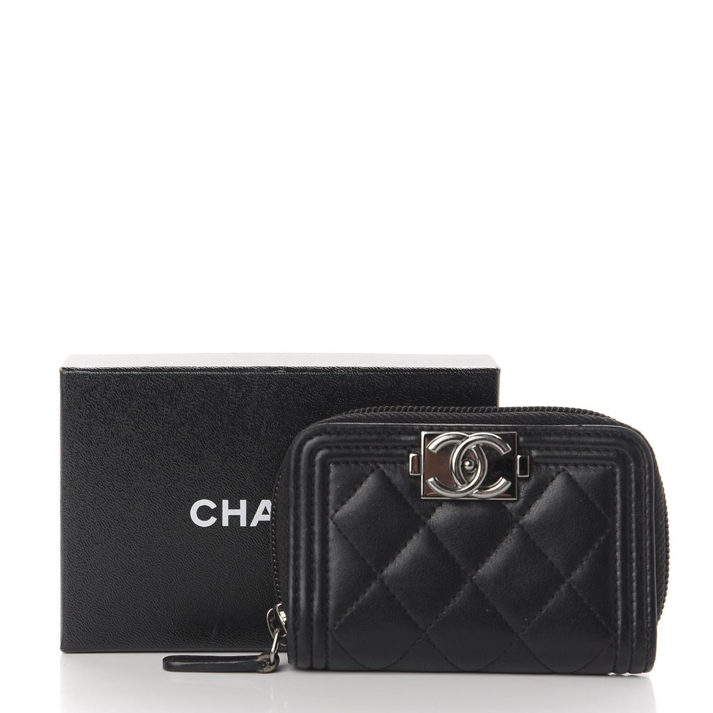 Lambskin Quilted Zip Around Boy Coin Purse Wallet Black