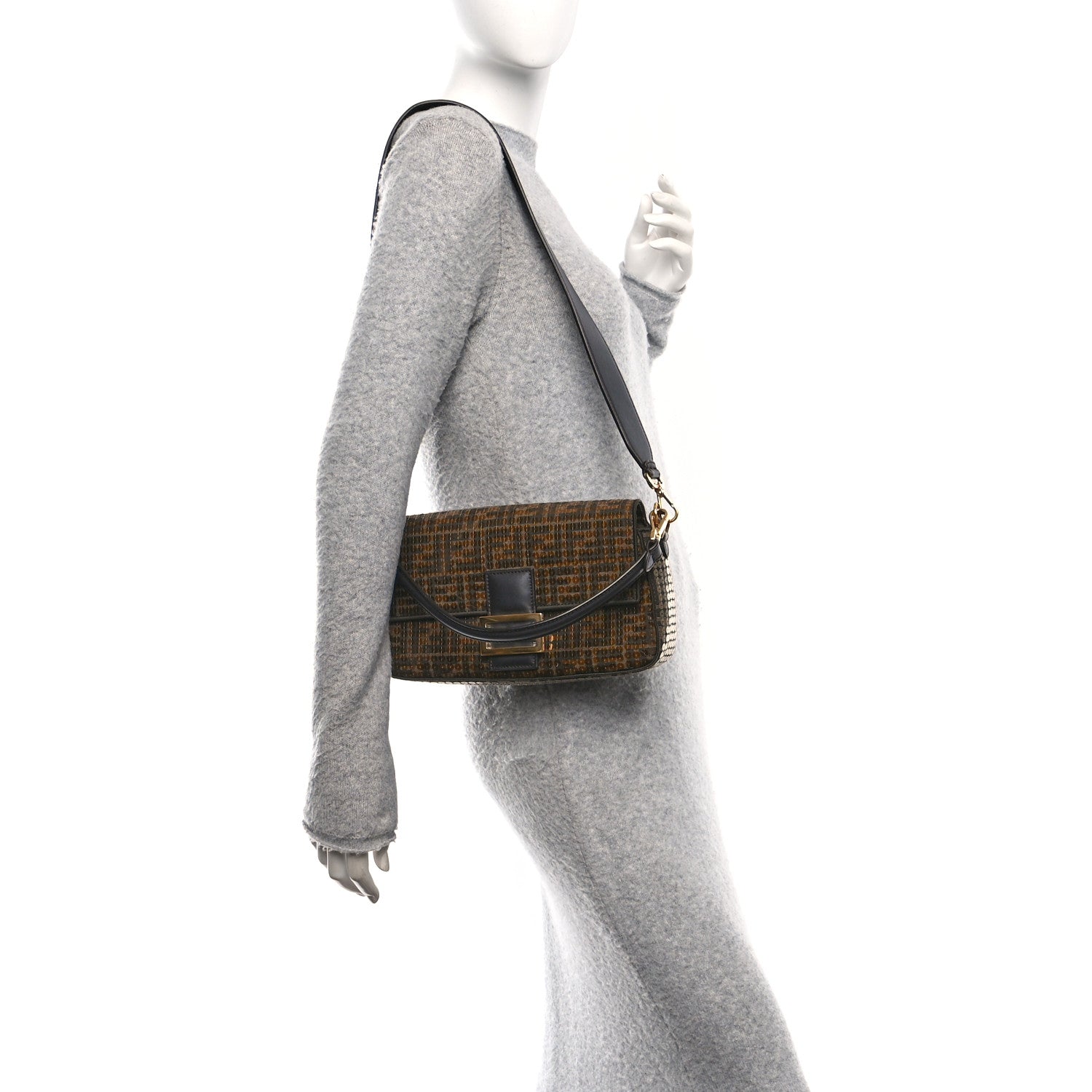 Fendi Fabric Jacquard Paillettes Vitello Seta FF 1974 Baguette Testa di Moro Real Ebano 2 of 10