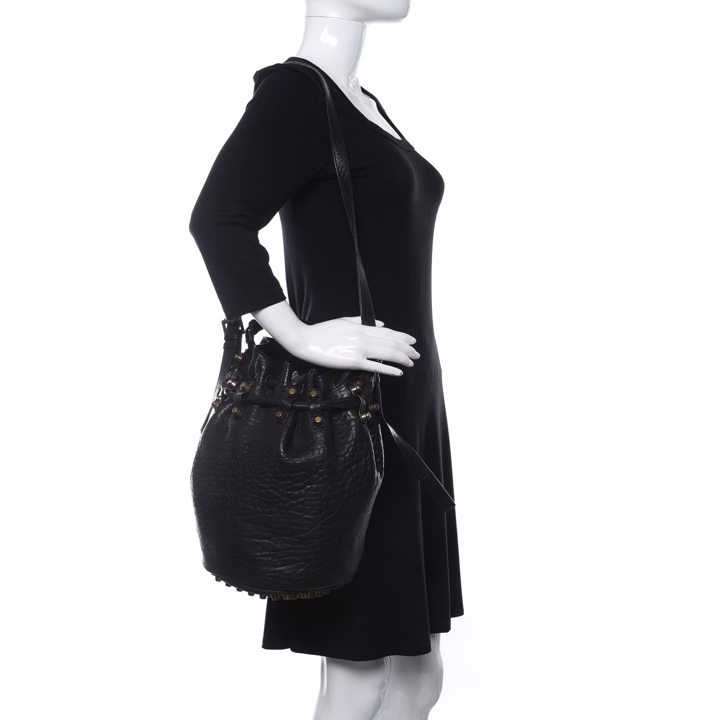 Pebbled Lambskin Diego Bucket Bag Black Antique Brass Hardware