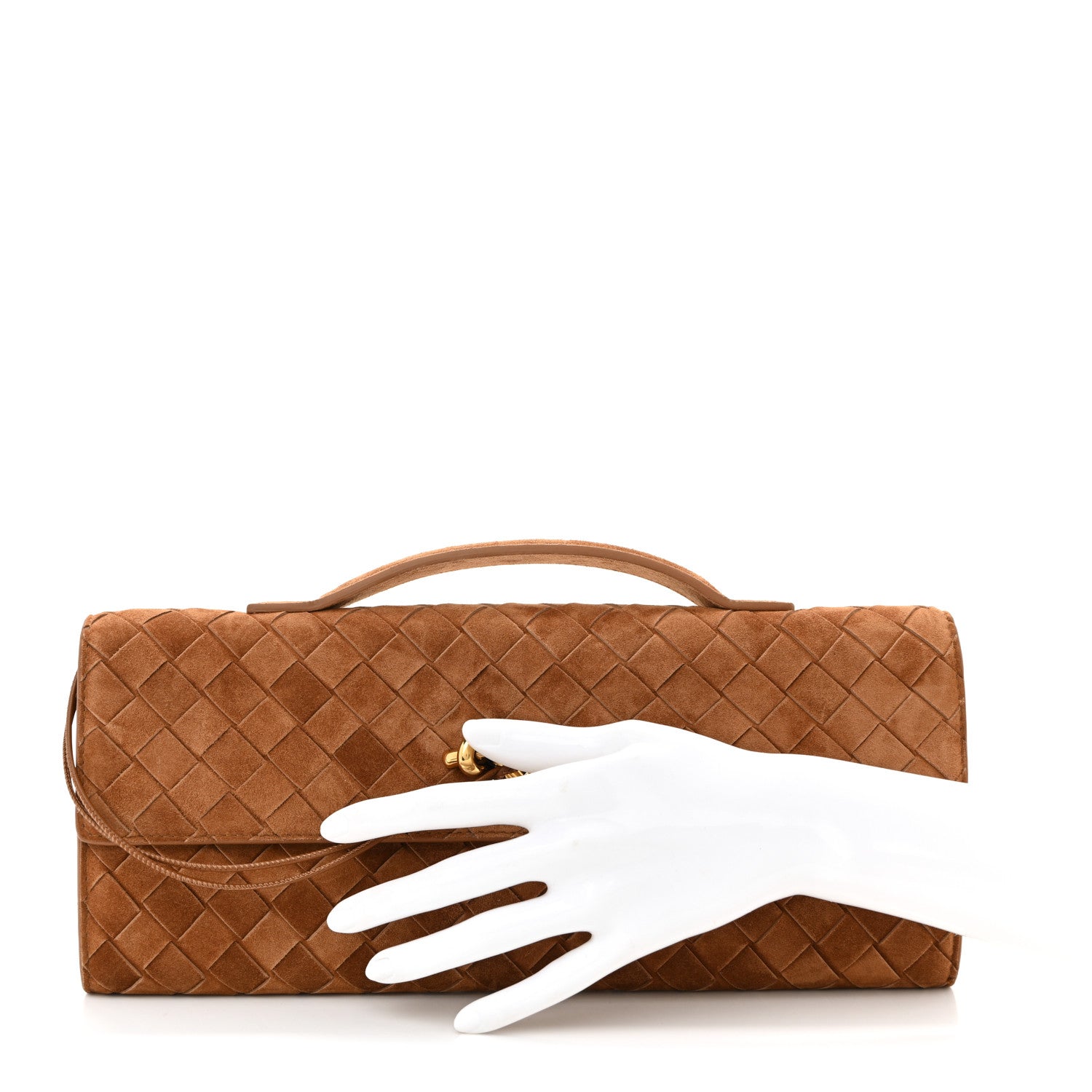 Bottega Veneta Suede Intrecciato Long Andiamo Top Handle Clutch Amber 2 of 10