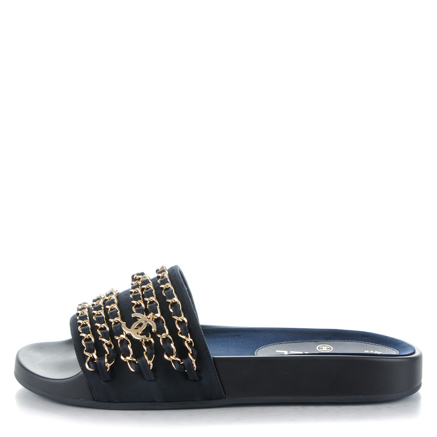 Lambskin Canvas Chain Flat Sandals 37 Marine