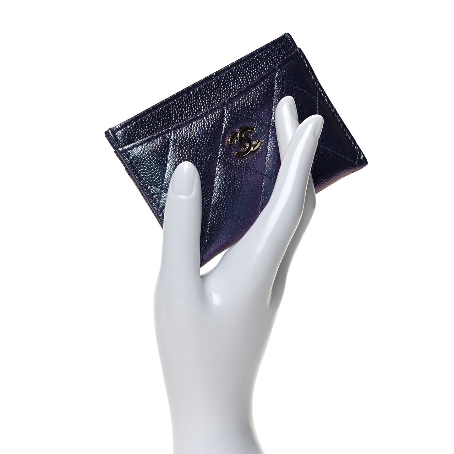 Iridescent Caviar Quilted Card Holder Dark Blue