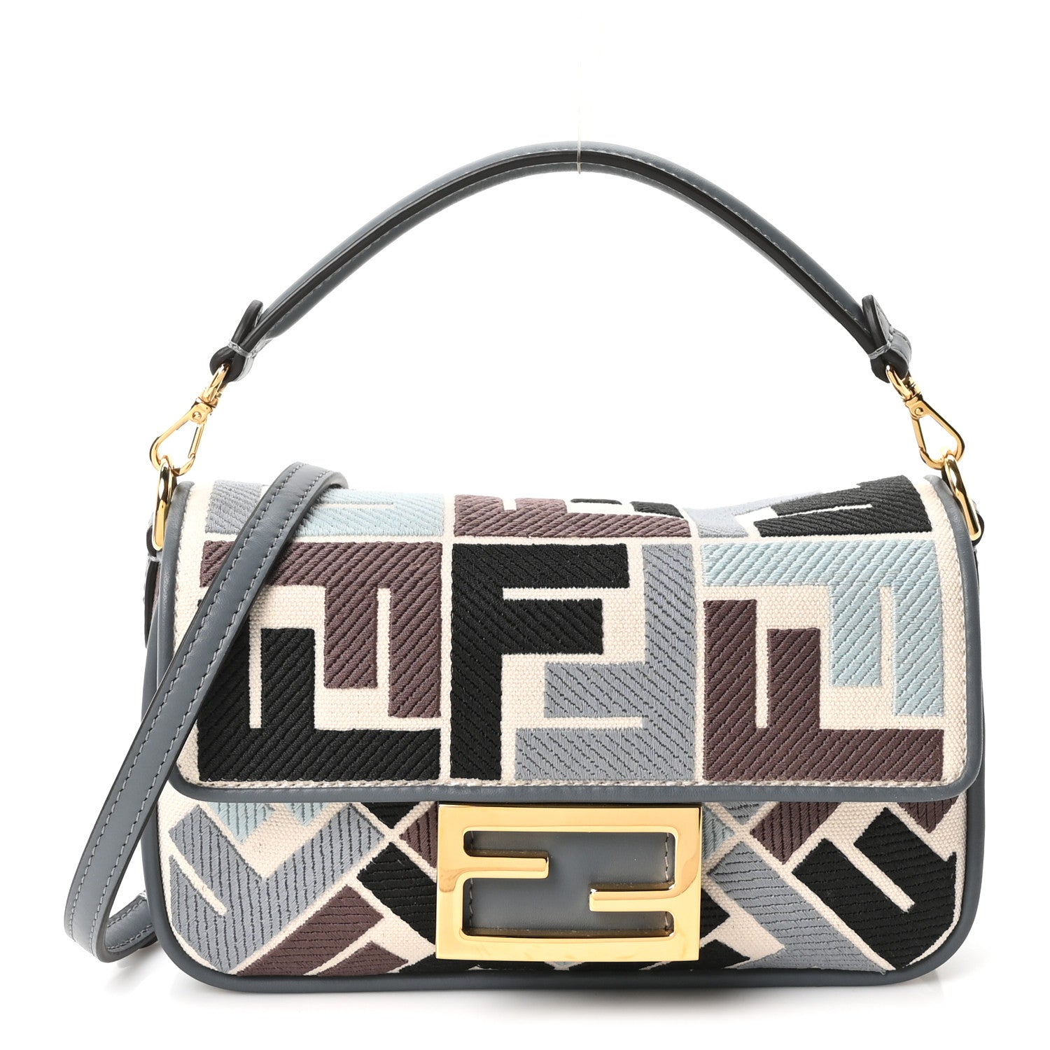 Fendi Canvas Vitello King Seta FF Embroidered Mini Baguette Anice Tortora 1 of 10