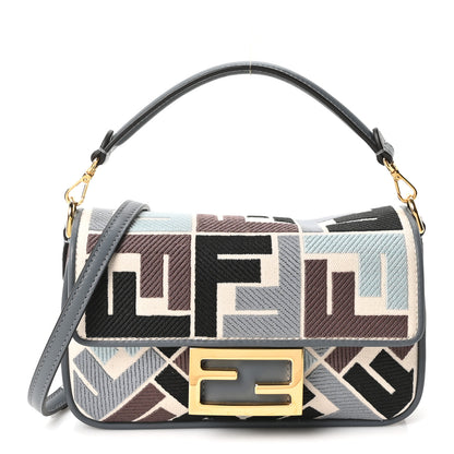 Fendi Canvas Vitello King Seta FF Embroidered Mini Baguette Anice Tortora 1 of 10