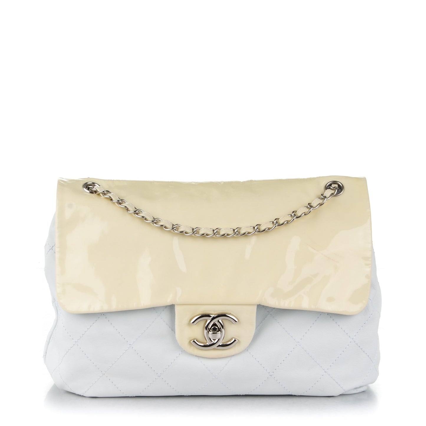 Patent Calfskin Stitched Shoulder To Shoulder Flap Hobo White