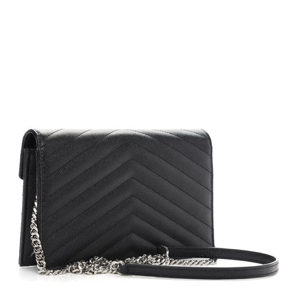 Saint Laurent Grain De Poudre Matelasse Chevron Monogram Envelope Chain Wallet Black 3 of 9