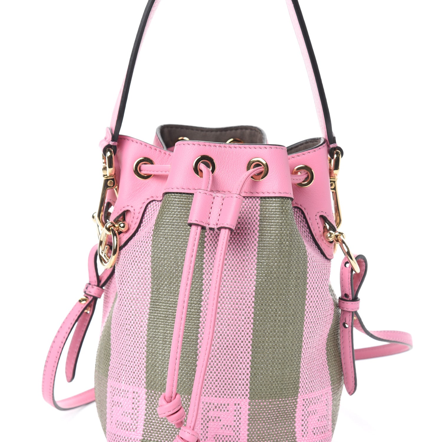 Fendi Raffia Vitello Seta F is Fendi Pequin Gingham Woven Mini Mon Tresor Bucket Bag Military Rosa Lollypop 7 of 9