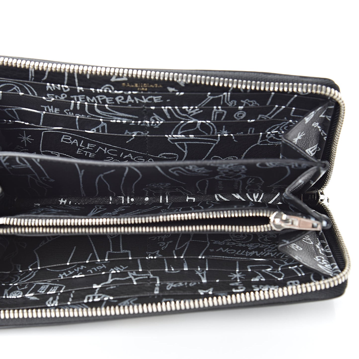 Calfskin Printed Tattoo Everyday Continental Zip Around Wallet Black Silver Hardware