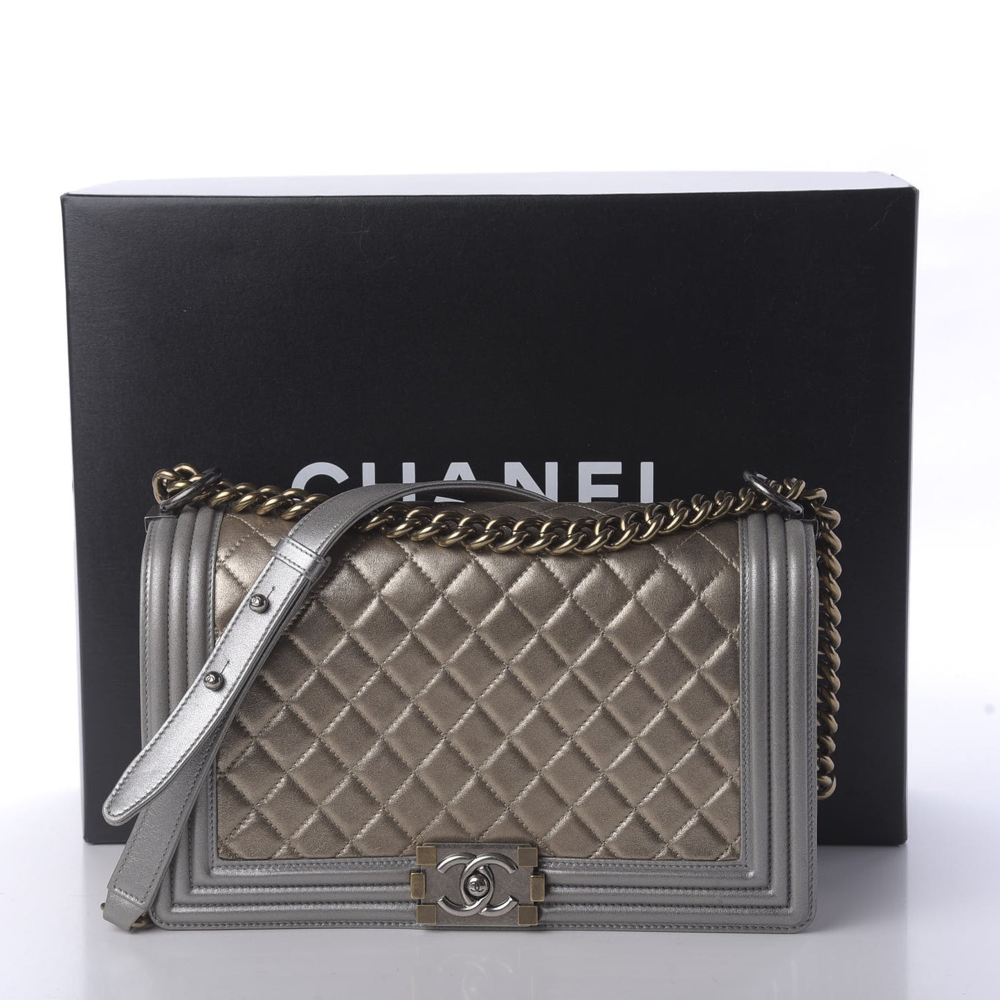 Metallic Calfskin Quilted New Medium Boy Flap Khaki