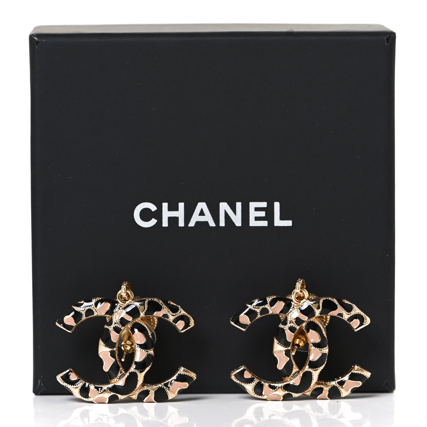 Metal Leopard Print CC Earrings Gold Black Beige