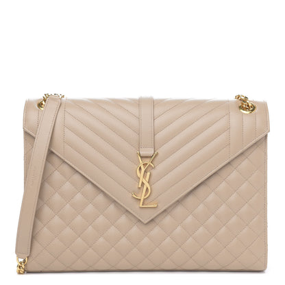 Saint Laurent Grain De Poudre Mixed Matelasse Large Triquilt Monogram Satchel Dark Beige 1 of 11