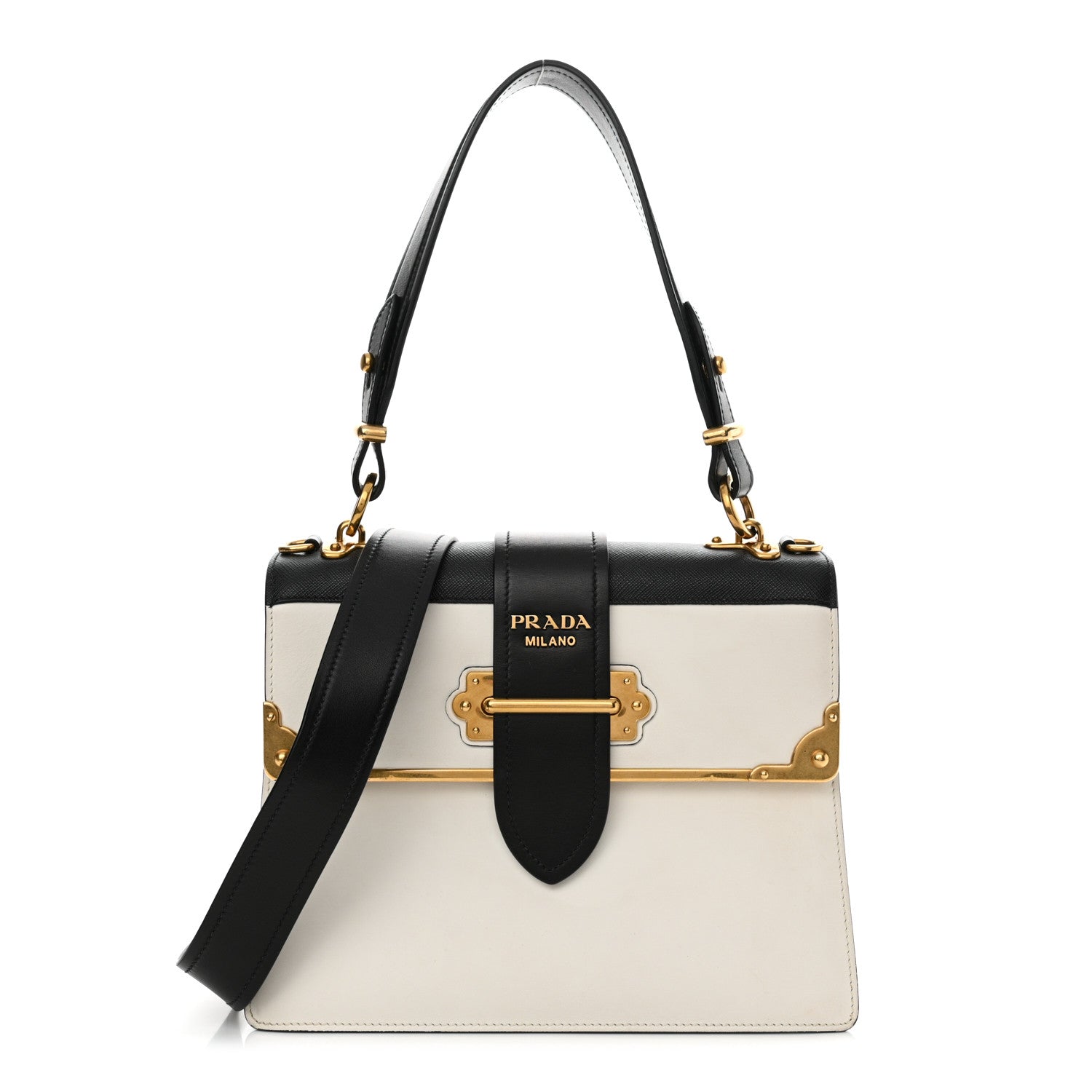 Prada City Calfskin Saffiano Cahier Top Handle Bag White Black 1 of 11