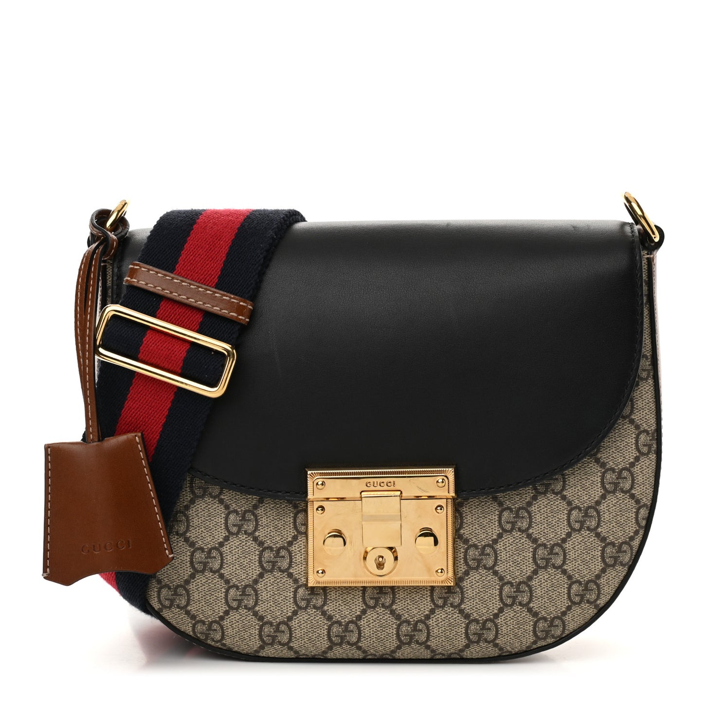GG Supreme Monogram Web Medium Padlock Messenger Shoulder Bag Black