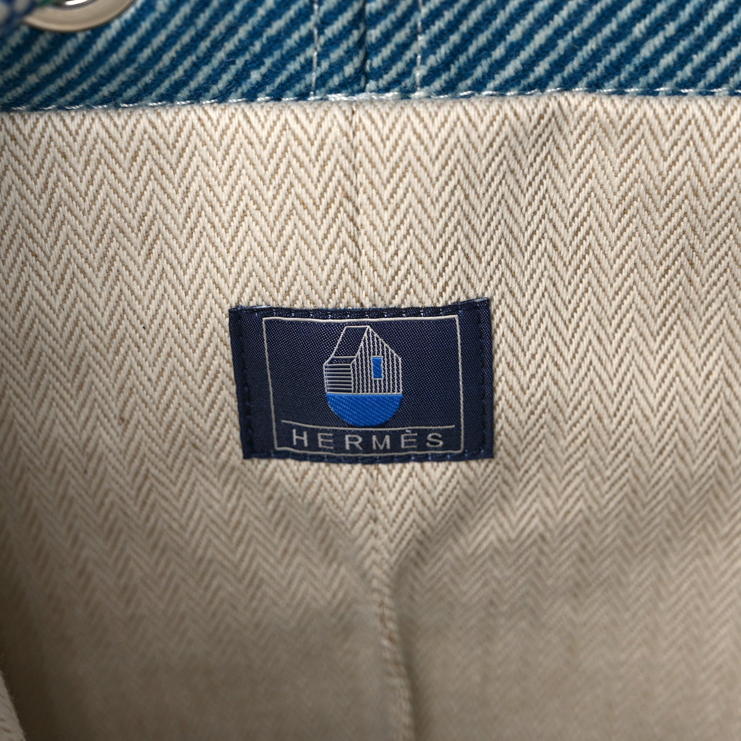 Hermes Toile H Canvas Les Cabanes Drawstring Duffle Bag Bleu Paon 6 of 8