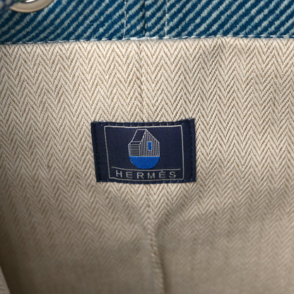 Hermes Toile H Canvas Les Cabanes Drawstring Duffle Bag Bleu Paon 6 of 8