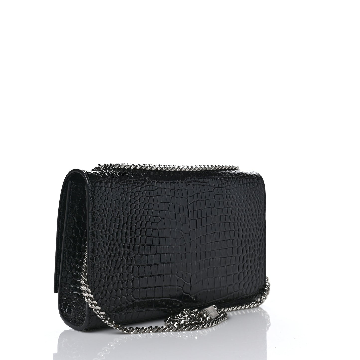 Calfskin Crocodile Embossed Medium Classic Monogram Kate Tassel Satchel Black