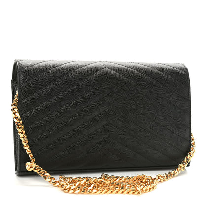 Saint Laurent Grain De Poudre Matelasse Chevron Monogram Chain Wallet Black 3 of 9