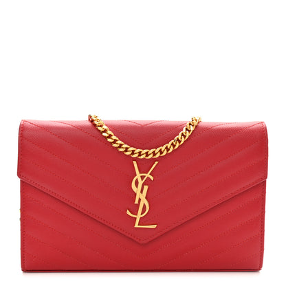 Saint Laurent Grain De Poudre Matelasse Chevron Monogram Chain Wallet New Red 1 of 10