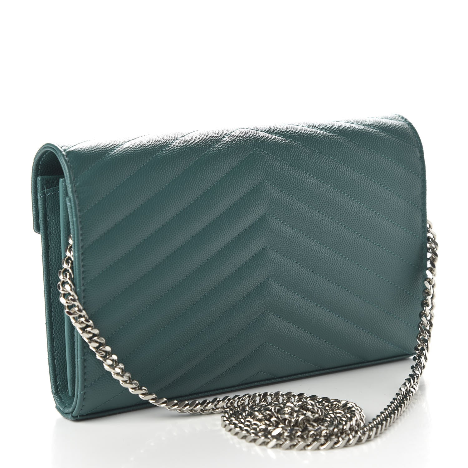 Saint Laurent Grain De Poudre Matelasse Chevron Monogram Chain Wallet Malachite 3 of 10