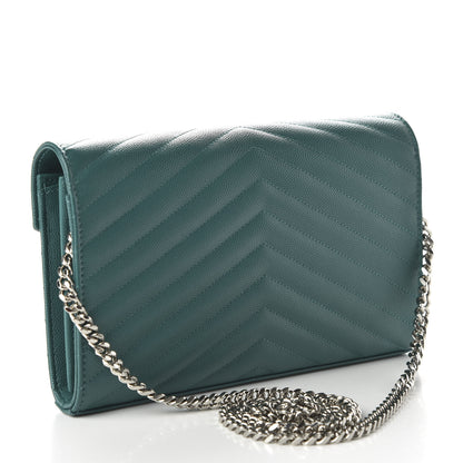 Saint Laurent Grain De Poudre Matelasse Chevron Monogram Chain Wallet Malachite 3 of 10